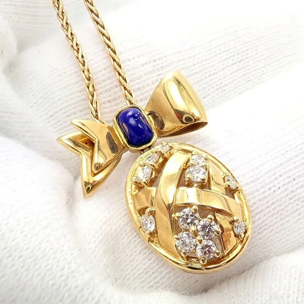 Authentic! Christian Dior 18k Yellow Gold Lapis Diamond Egg Pendant Necklace​ - Picture 3 of 10